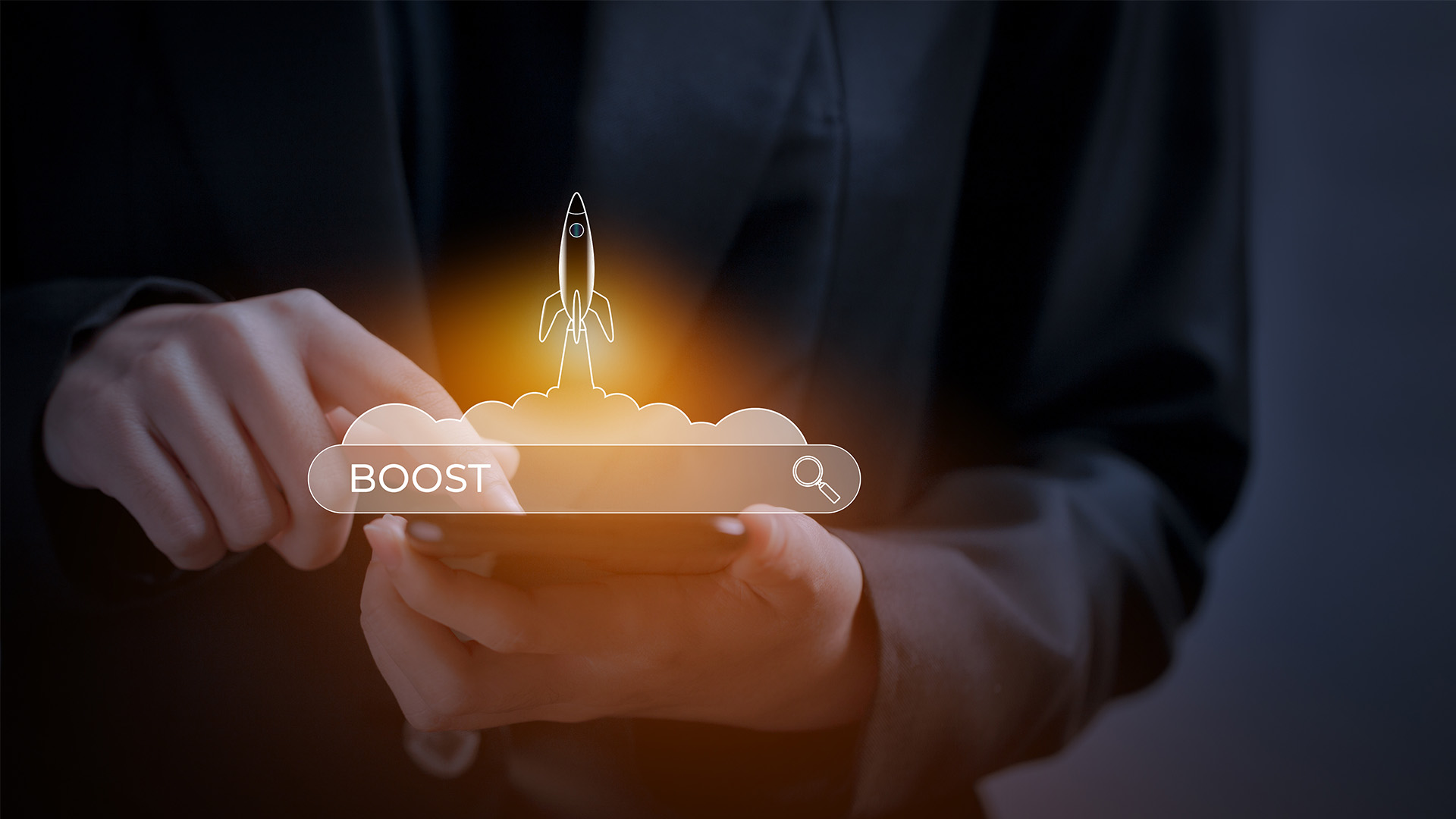 Man holding phone shows rocket launch over search bar to discuss how houston web design company can improve your website's effectiveness.